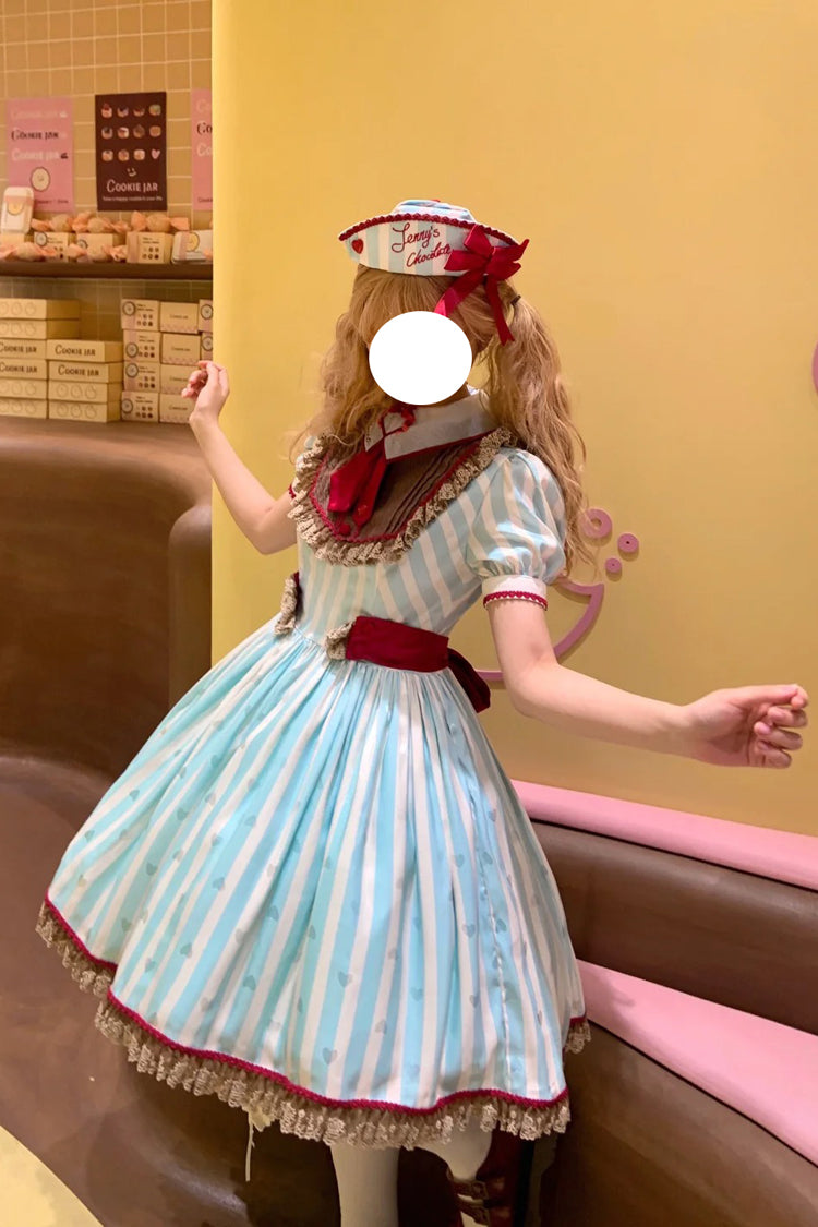 Green [Jenny's Chocolate] Short Sleeves Vertical Stripes Print Ruffle Bowknot Sweet Lolita Dress - Product - 11
