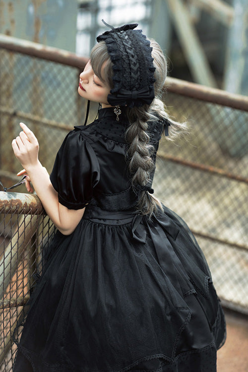 Black Elegant Round Collar Bowknot Short Sleeves High Waisted Gothic Lolita OP Dress - Product - 5