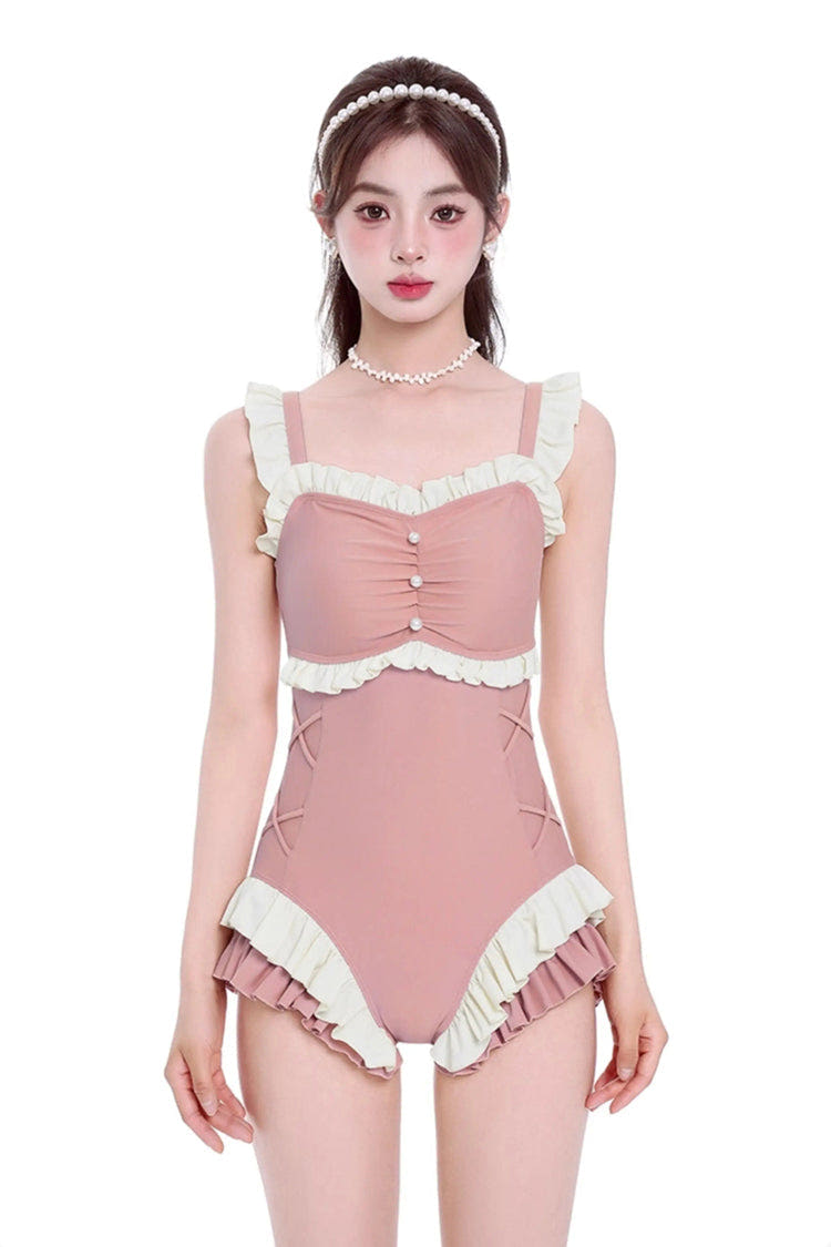 Peach Pink Square Collar Sleeveless Double-Layered Ruffled Lace-Up Pearl-Decorated Sweet Lolita One-Piece Swimsuit - Peach-Pink - 1
