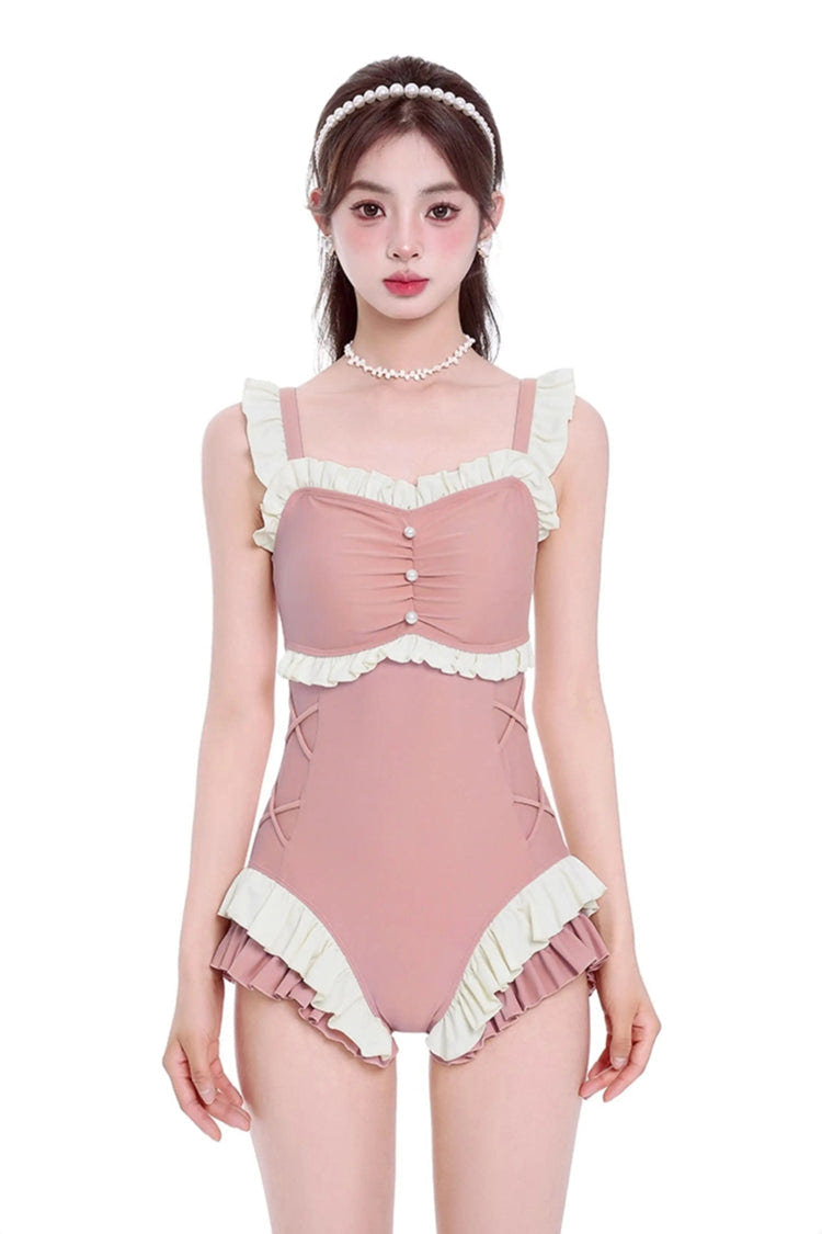 Peach Pink Square Collar Sleeveless Double-Layered Ruffled Lace-Up Pearl-Decorated Sweet Lolita One-Piece Swimsuit - Peach-Pink - 1