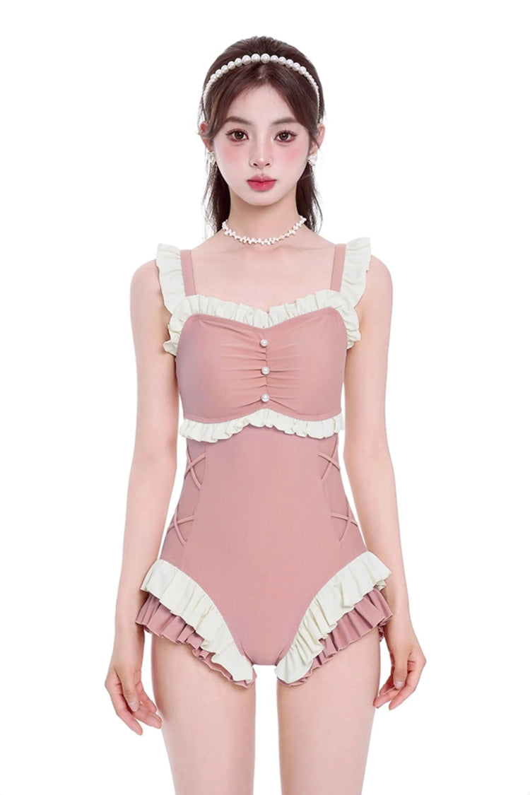 Peach Pink Square Collar Sleeveless Double-Layered Ruffled Lace-Up Pearl-Decorated Sweet Lolita One-Piece Swimsuit - Peach-Pink - 1