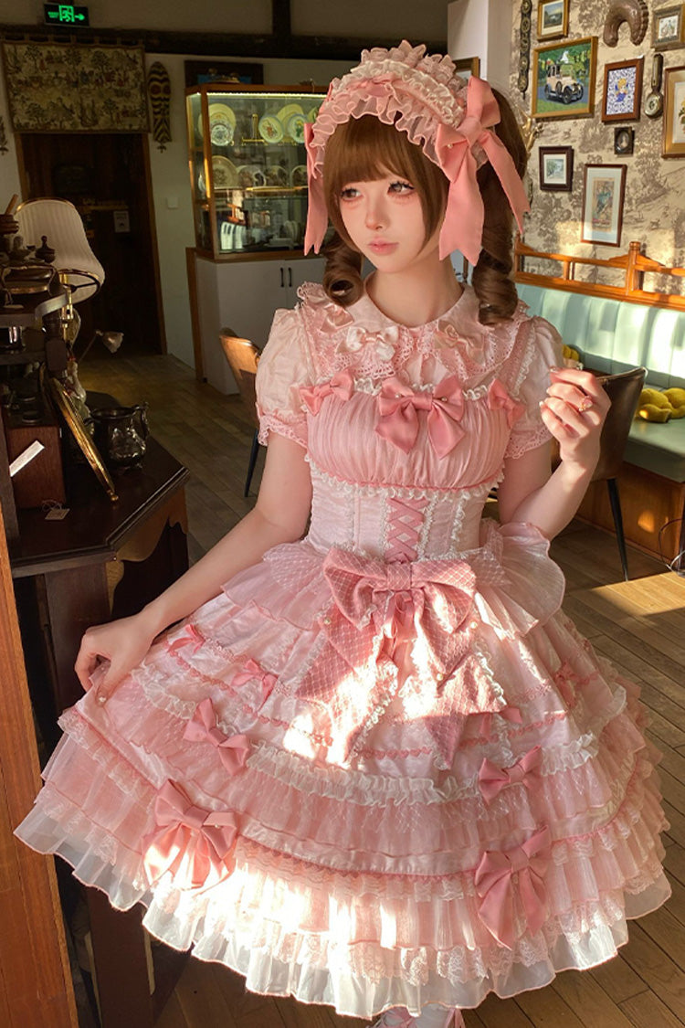 Pink [Little Lovetine] Multi-Layered Ruffle Bowknot Lace Sweet Gorgeous Lolita Jsk Dress - Product - 14