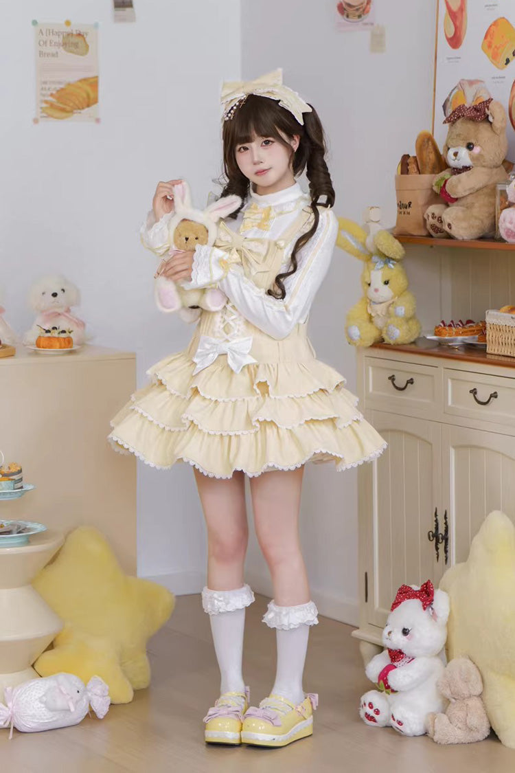 Yellow Nostalgic Showa Custard Cream Puff Sleeveless Triple-Layered Ruffled Bow Lace-Up Tiered Cake Sweet Jsk Dress - Product - 10