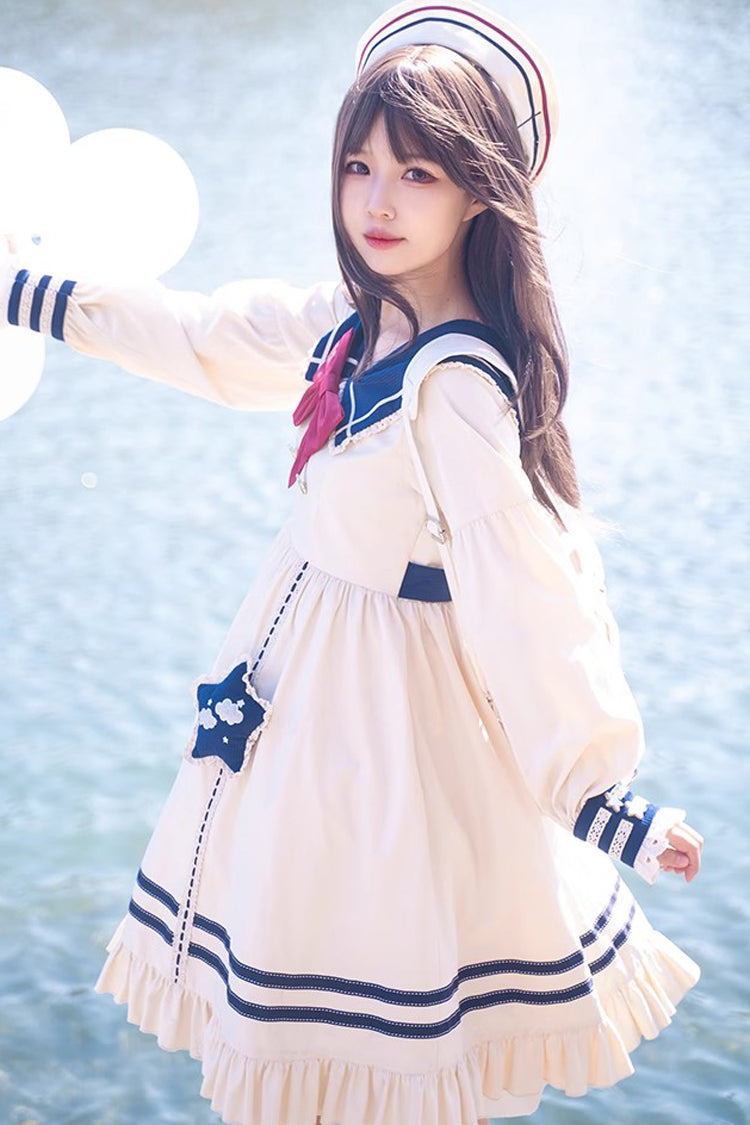 College Navy Style Bowknot Ruffle Long Sleeves Sweet Lolita Dress - Product - 5