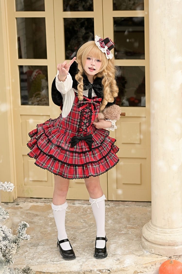 Red [Christmas Velvet Cake] Triple-Layered Printed Ruffled Bow Lace-Up Gothic Elegant Lolita Jsk Dress - Product - 20