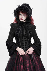 Black Lapel Collar Long Trumpet Sleeves Ruffle Lace-Up Zipper Women's Gothic Jacket - Black - 1