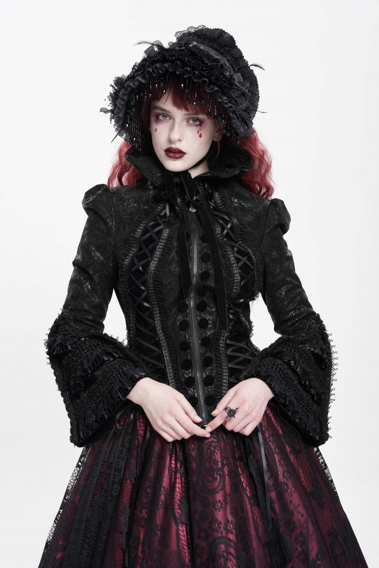 Black Lapel Collar Long Trumpet Sleeves Ruffle Lace-Up Zipper Women's Gothic Jacket - Black - 1