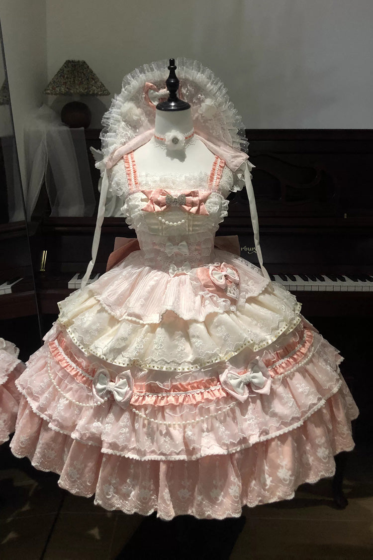 Pink [Falling Sakura] Multi-Layered Ruffled Hanayome Bow Lace Sweet Plus Size Princess Lolita Jsk Dress - Product - 7