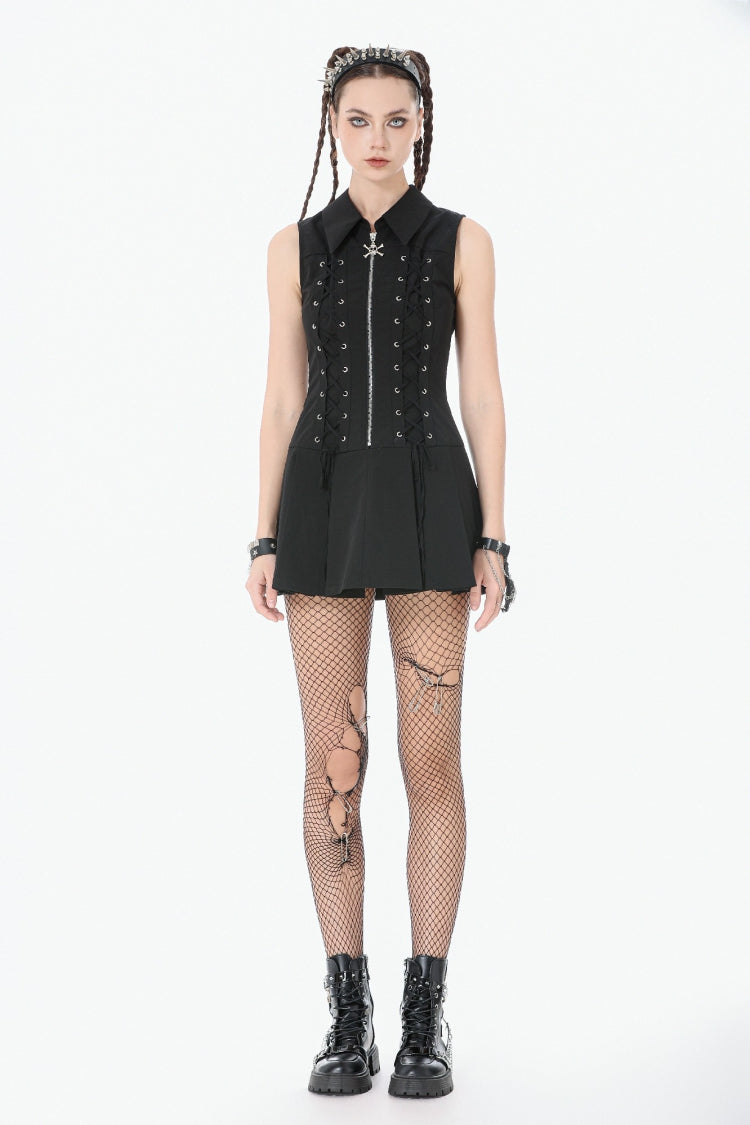 Black Point Collar Sleeveless Skull Zip Women's Punk Dress - Product - 5