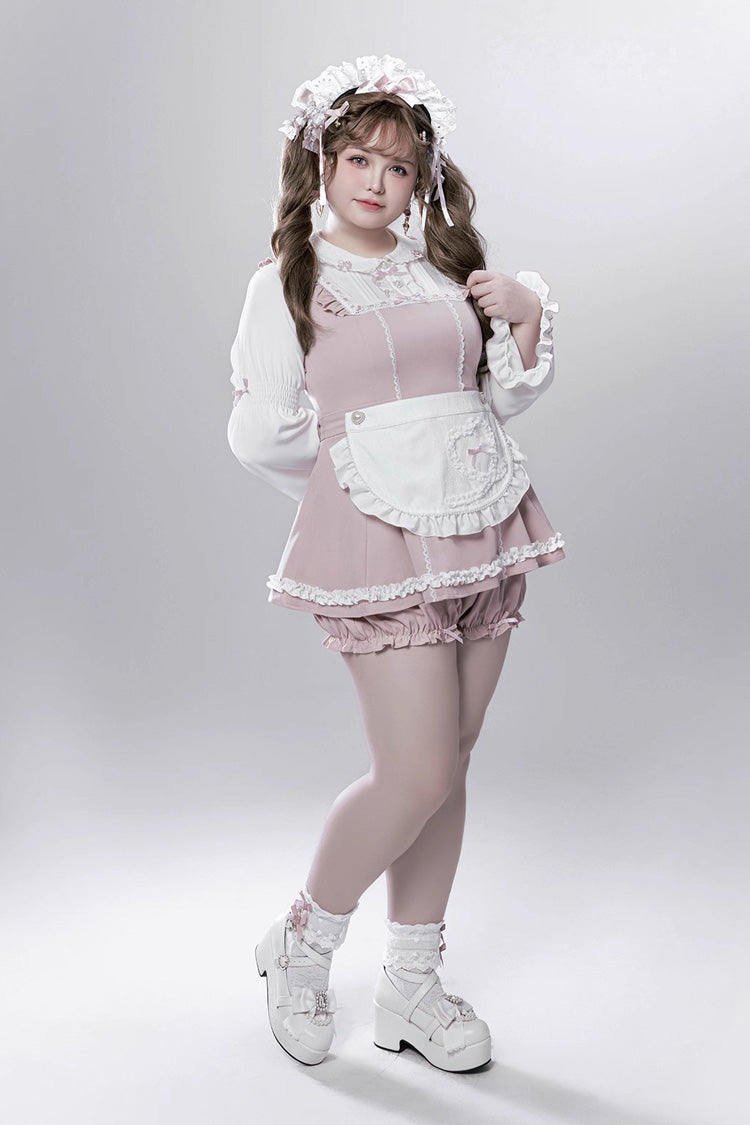 Pink/White [Showcase Doll] Japanese Maid-Style Long Sleeves Ruffle Bowknot Jirai Kei Japanese Dress Shorts Set with Detachable Apron - Product - 8