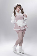 Pink/White [Showcase Doll] Japanese Maid-Style Long Sleeves Ruffle Bowknot Jirai Kei Japanese Dress Shorts Set with Detachable Apron - Product - 8
