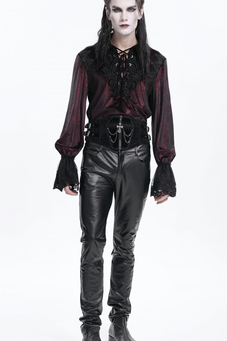 Black Lace-Up Slim Buckled Pearl-Decorated Men's Gothic Palace Accessory Cross Chain Girdle - Product - 2