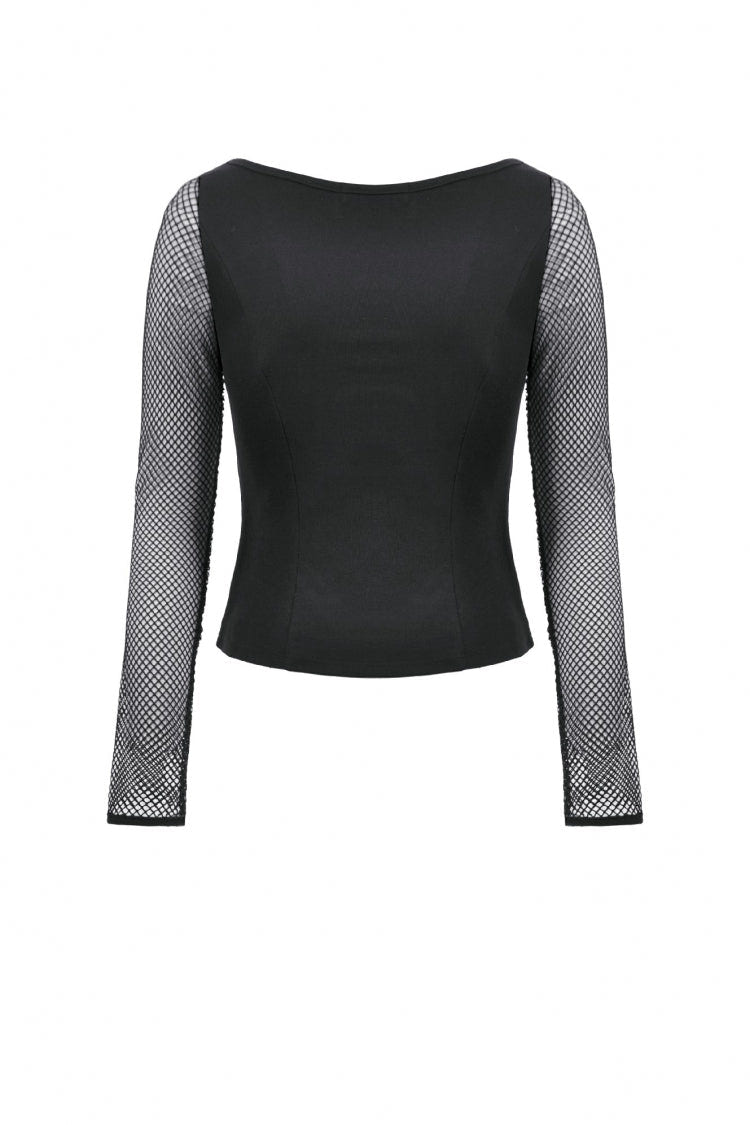Black Mesh Spliced Long Sleeves Buckled Strap Eyelet Women's Punk Top - Product - 14