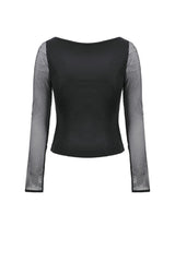 Black Mesh Spliced Long Sleeves Buckled Strap Eyelet Women's Punk Top - Product - 14