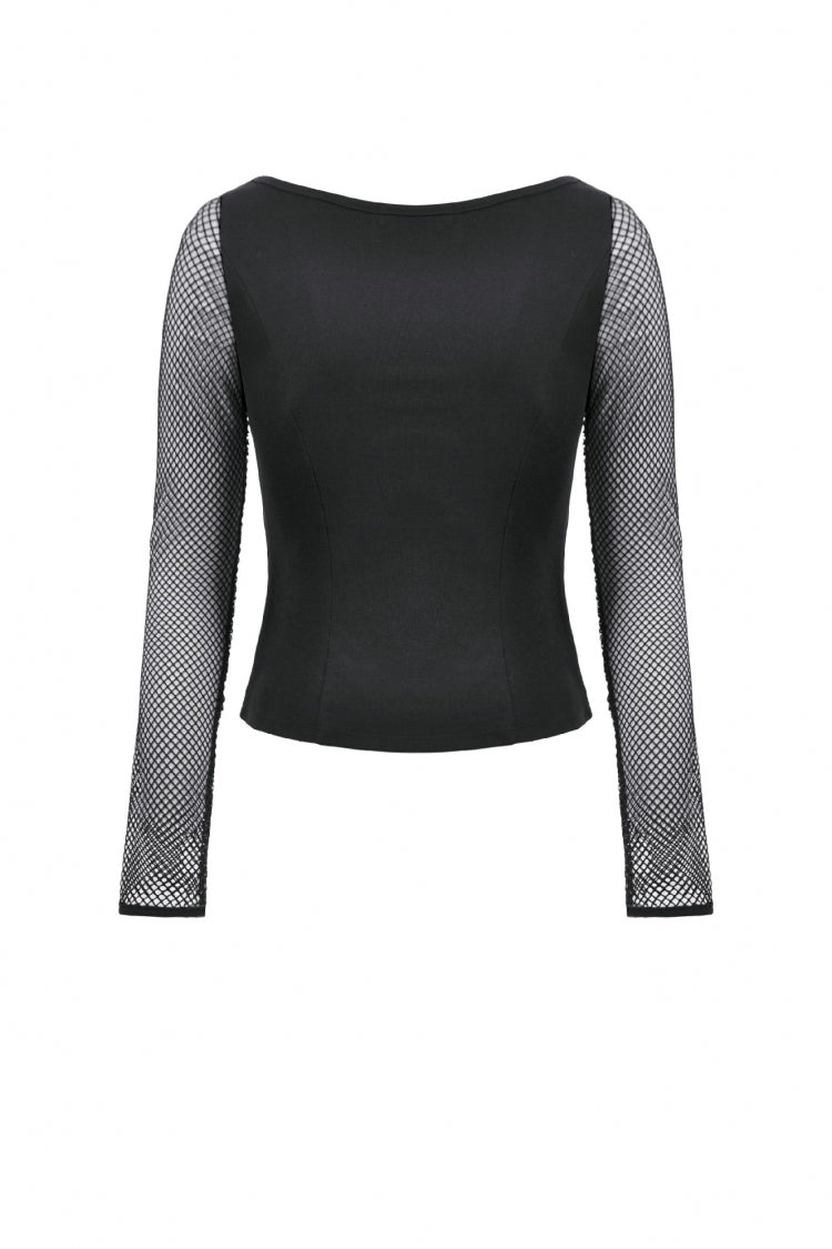 Black Mesh Spliced Long Sleeves Buckled Strap Eyelet Women's Punk Top - Product - 14