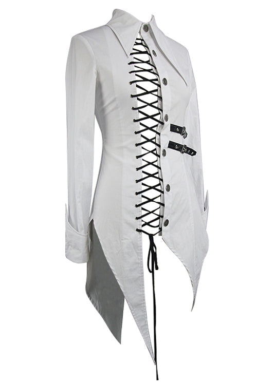 White Cotton Long Swallowtail Womens Punk Blouse - Product - 5