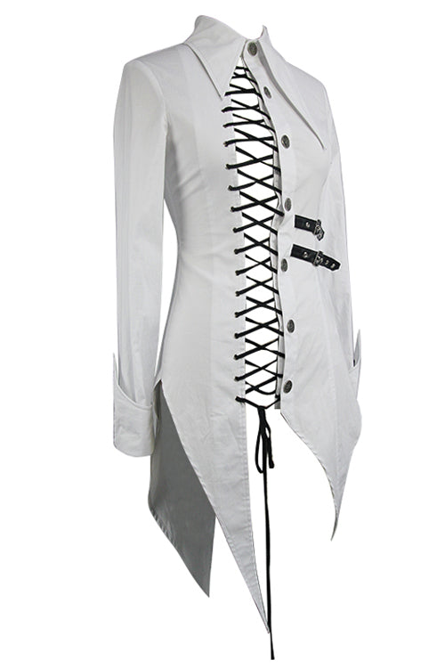 White Cotton Long Swallowtail Womens Punk Blouse - Product - 5
