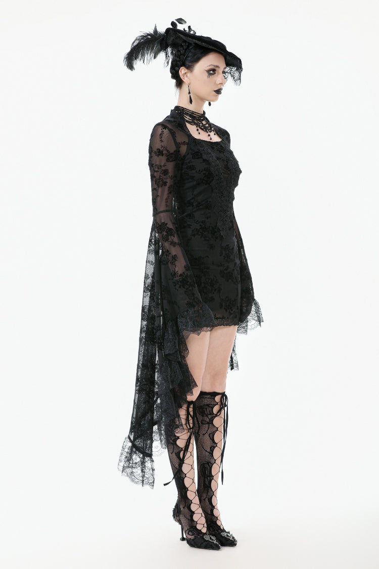 Black Square Collar Long Trumpet Sleeves Mesh Embroidered Lace Lace-Up Women's Gothic Dress - Product - 2