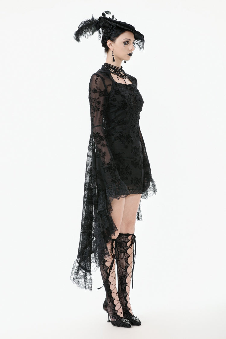 Black Square Collar Long Trumpet Sleeves Mesh Embroidered Lace Lace-Up Women's Gothic Dress - Product - 2