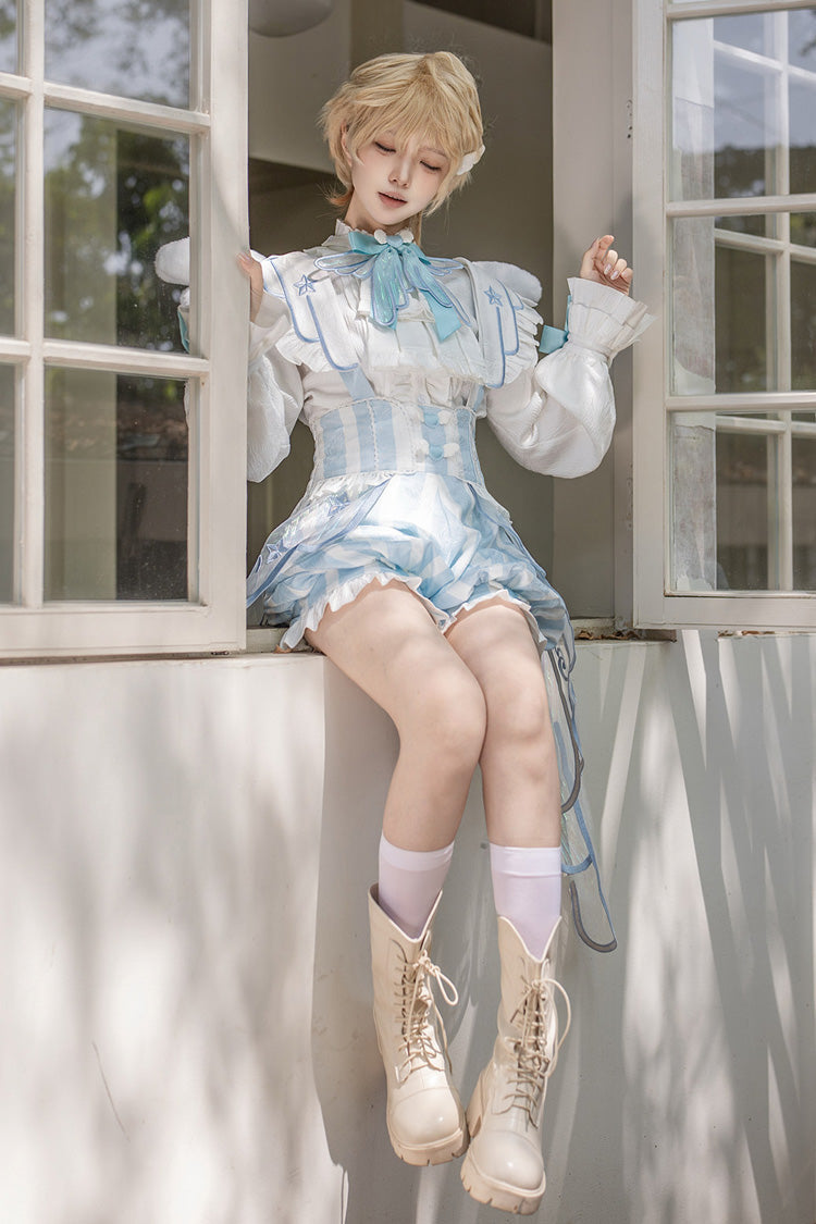 White/Blue [Angel’s Covenant] Stand Collar Long Sleeves Striped Printed Bow Gothic Ouji Lolita Suspender Shorts Set - Product - 7