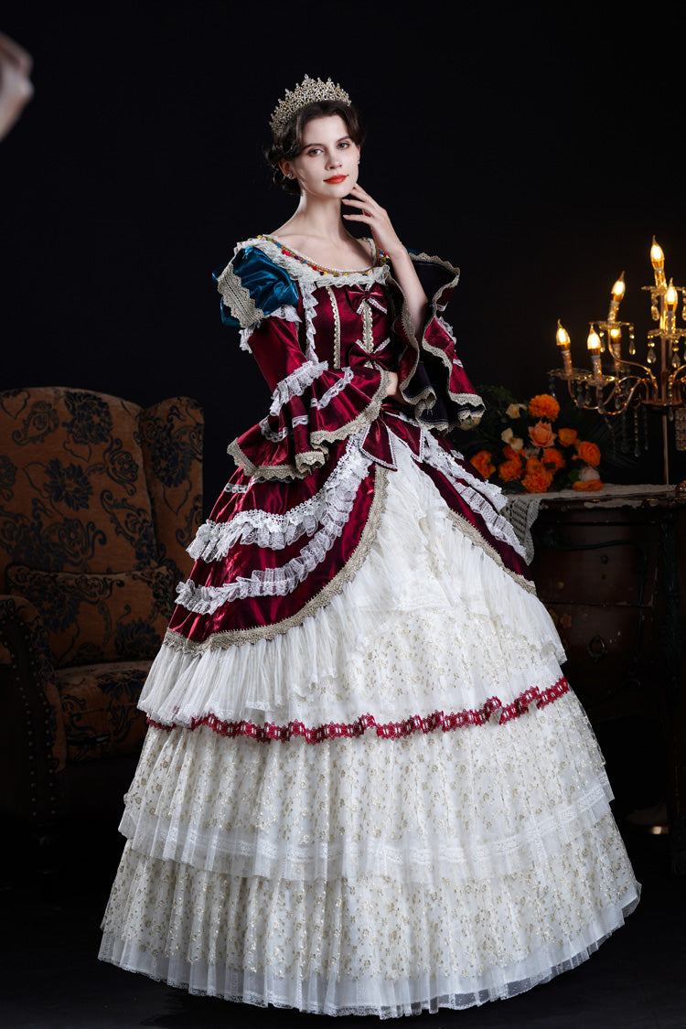 Wine/Ivory Round Collar Long Hime Sleeves Triple-Layered Ruffled Open-Front Bow Lace Classic Vintage Palace Lolita Victorian Dress - Product - 6