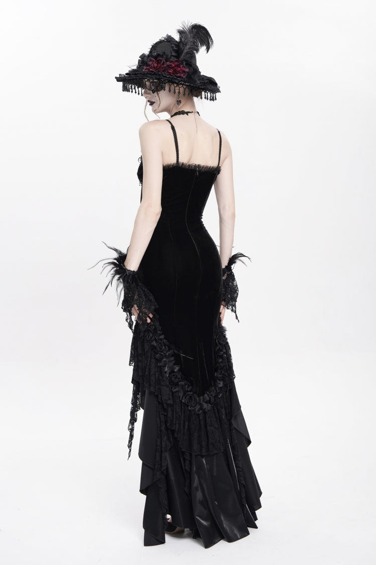 Black Sleeveless Cross Ruffled Floral Embroidered Chain-Decorated Women's Gothic Long Slip Dress - Product - 11