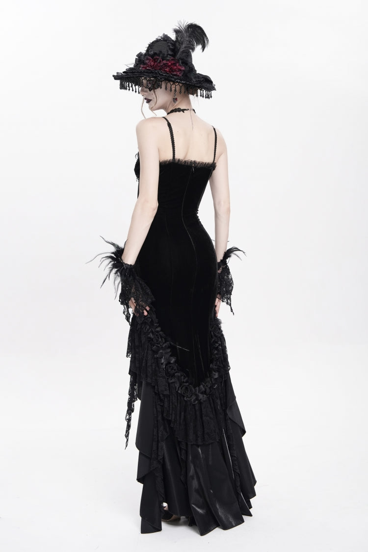 Black Sleeveless Cross Ruffled Floral Embroidered Chain-Decorated Women's Gothic Long Slip Dress - Product - 11