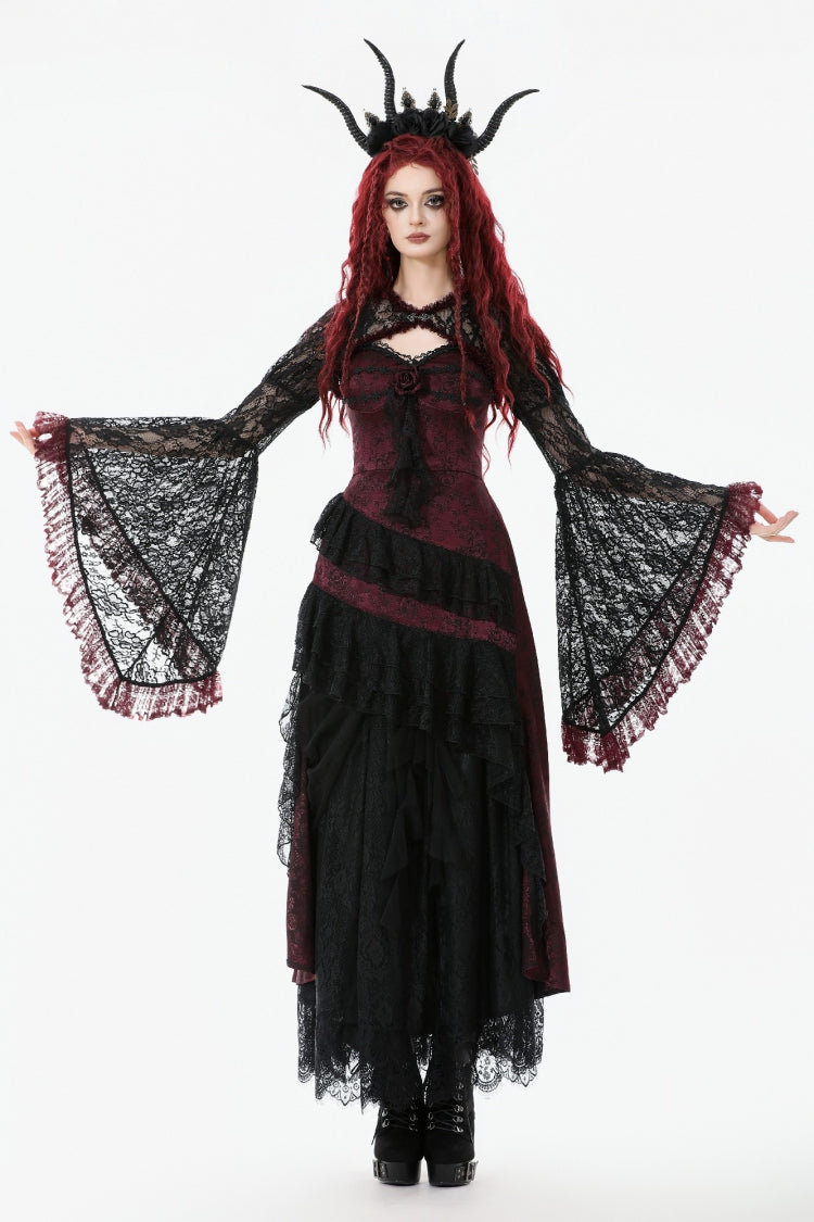 Black/Red Long Puff Flared Sleeves Floral Lace Women's Gothic Cape - Product - 9