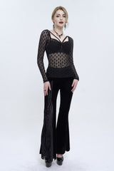 Black Lace Mesh Front Red Diamond Long Sleeve Transparent Women's Punk T-Shirt - Product - 4