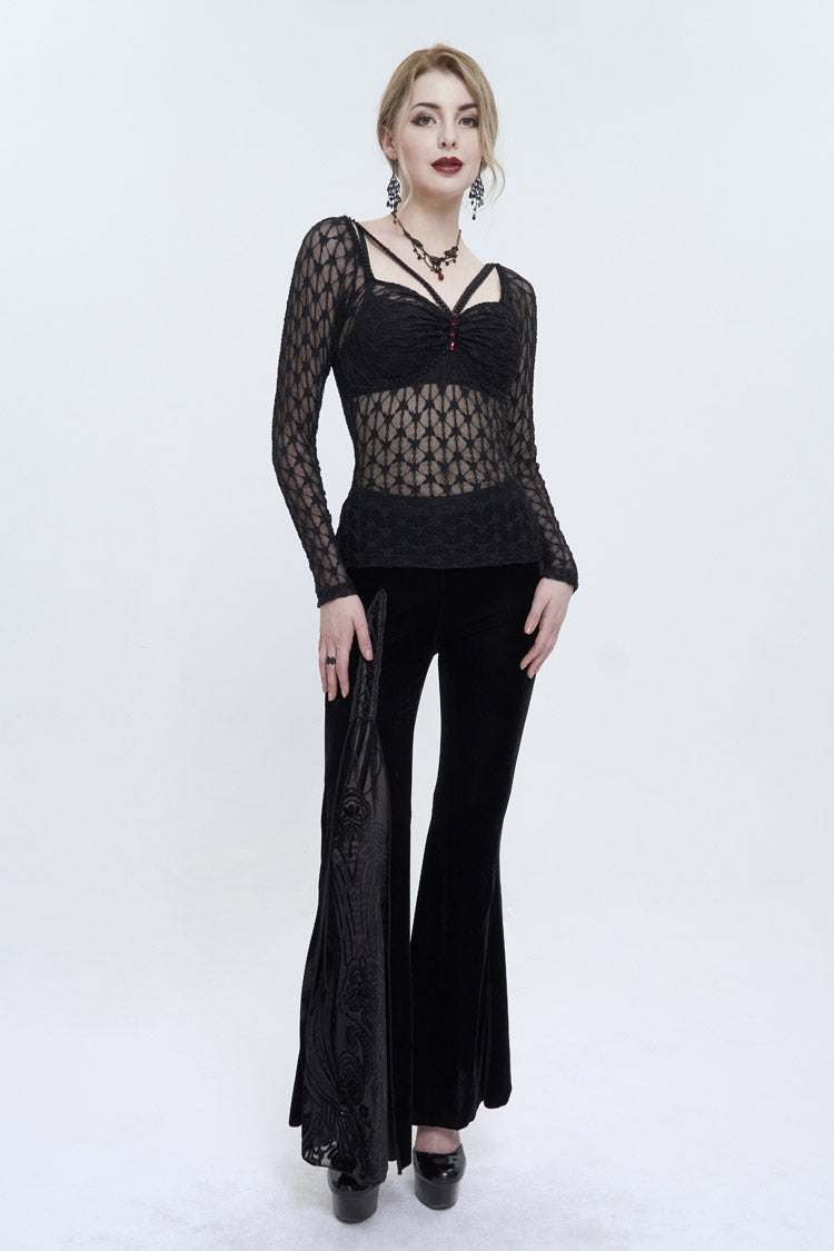 Black Lace Mesh Front Red Diamond Long Sleeve Transparent Women's Punk T-Shirt - Product - 4