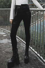 Black Detachable Loop Denim Skinny Women's Steam Punk Jeans - Black - 1
