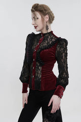 Red Velvet High Neck Lace Fake Bra Design Splicing Three-Dimensional Butterfly Mesh Women's Gothic Shirt - Product - 4