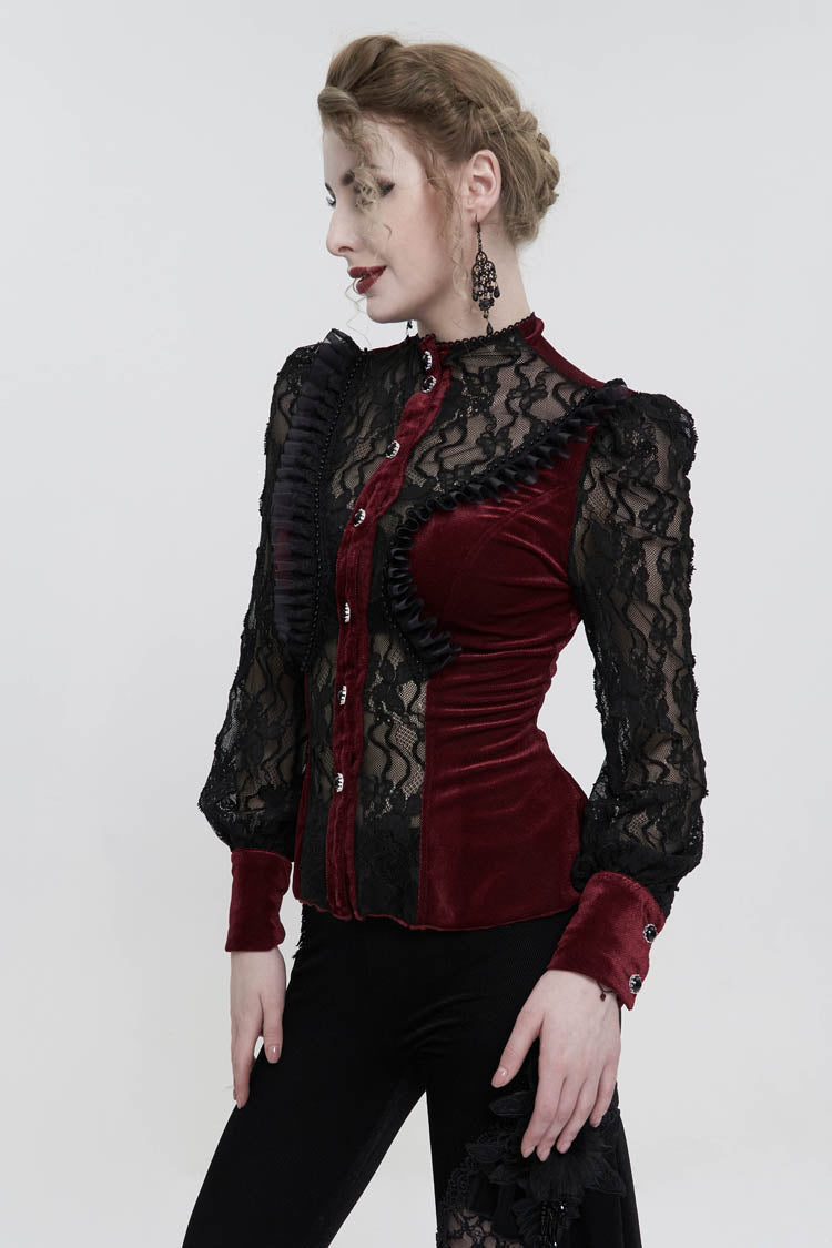 Red Velvet High Neck Lace Fake Bra Design Splicing Three-Dimensional Butterfly Mesh Women's Gothic Shirt - Product - 4