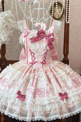 Pink [Sweetheart Bunny] Square Collar Flutter Sleeves Multi-Layered Jacquard Ruffled Embroidered Bow Lace Sweet Lolita Jsk Dress - Product - 4