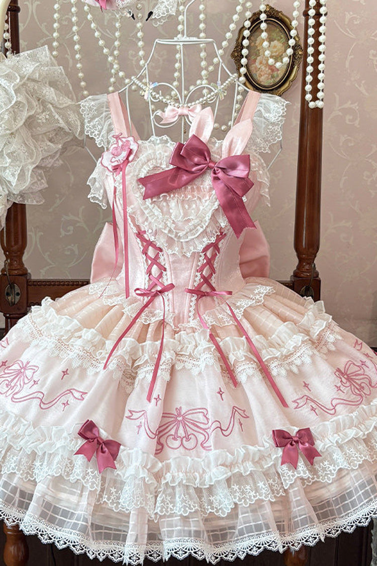 Pink [Sweetheart Bunny] Square Collar Flutter Sleeves Multi-Layered Jacquard Ruffled Embroidered Bow Lace Sweet Lolita Jsk Dress - Product - 4