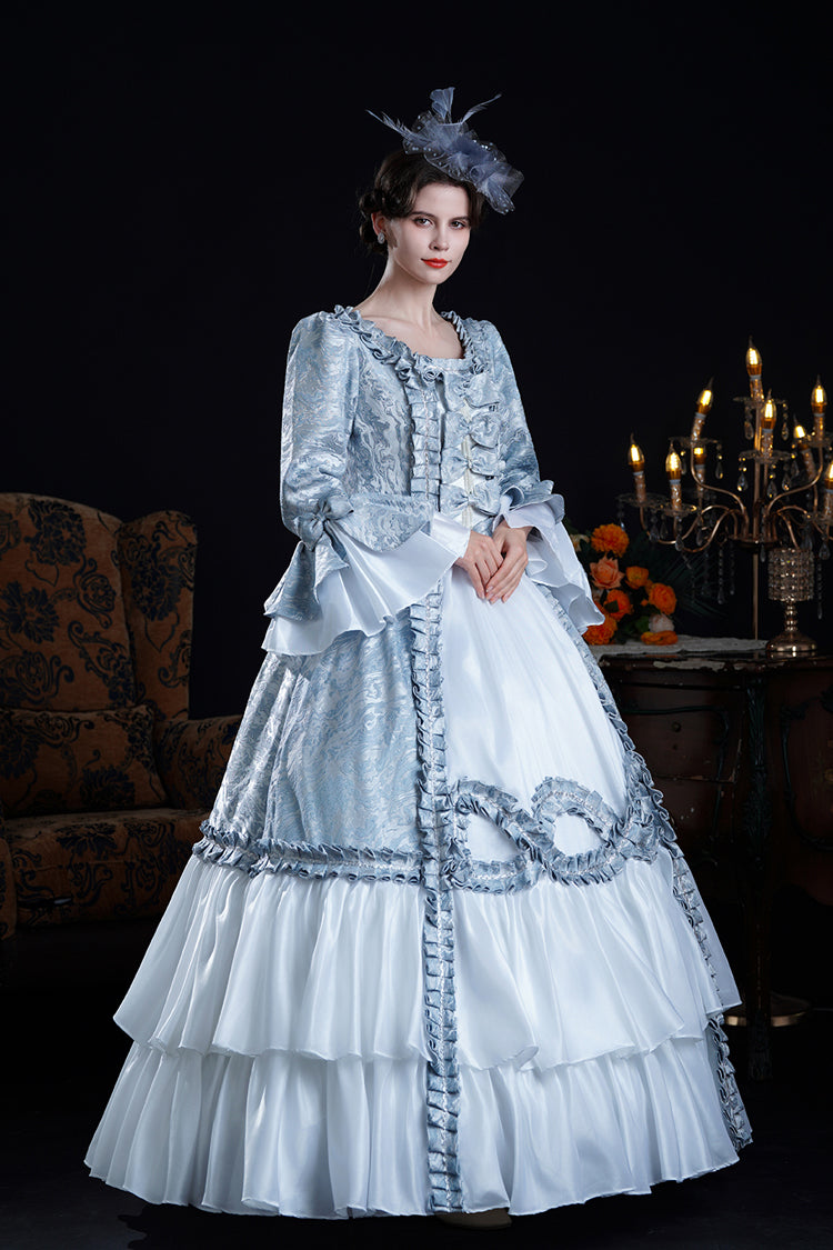 Blue Long Trumpet Sleeves Jacquard Ruffle Bowknot Princess Lolita Victorian Dress - Product - 5