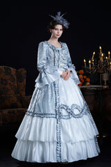 Blue Long Trumpet Sleeves Jacquard Ruffle Bowknot Princess Lolita Victorian Dress - Product - 5