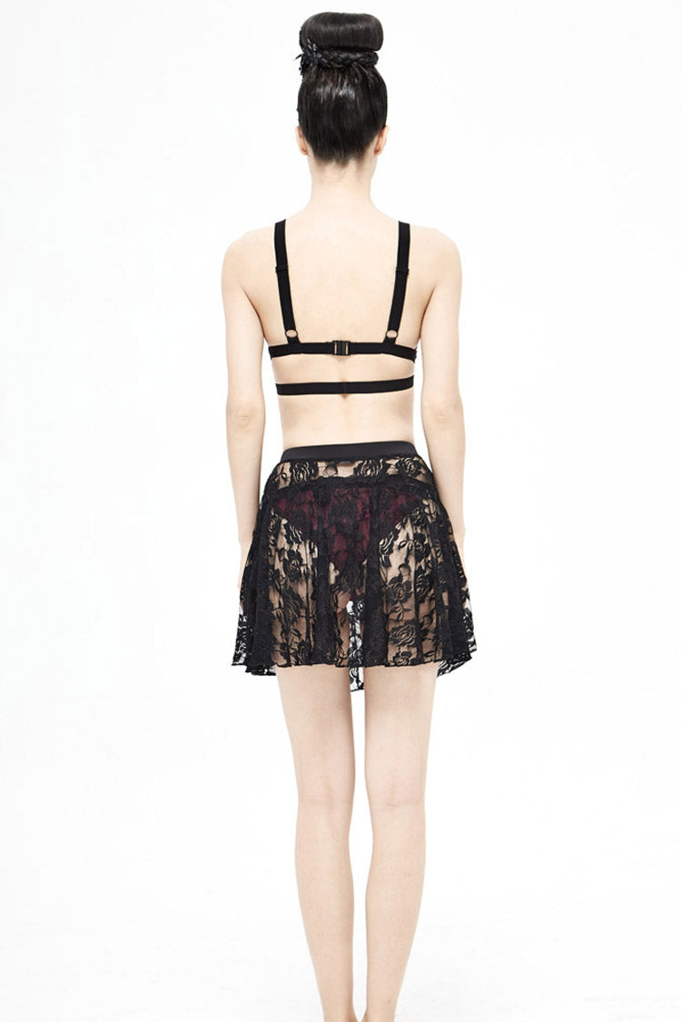 Black Lace Rose Mesh A-Line Women's Gothic Swimsuit Skirt - Product - 6