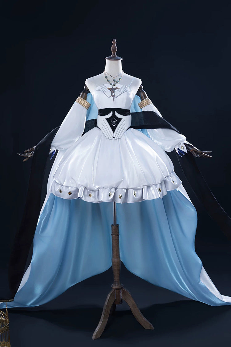 White/Blue [Arknights Inspired Sacred Snow Melody] Long Sleeves Ruffled Classic Lolita Strapless Dress Set - White/Blue(Set) - 1