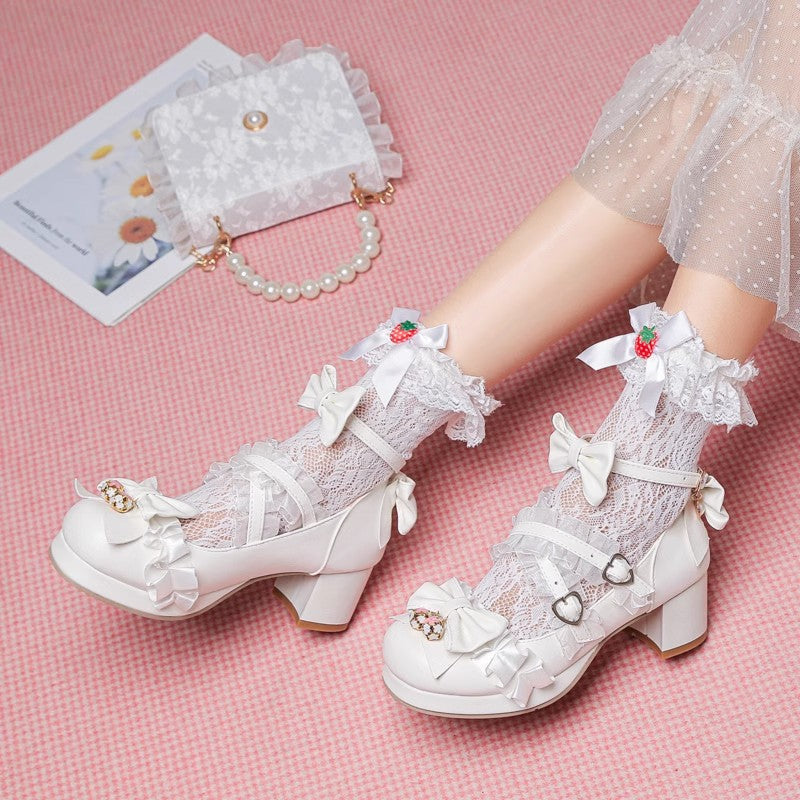 Sweet Bowknot Stitching Lace Princess Lolita High Heels 6 Colors - White - 2