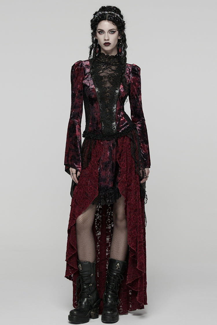 Black/Red Long Trumpet Sleeves Spliced Lace Lace-Up Women's Gothic Blouse - Product - 4