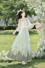 Green High Waisted Print Embroidery Women's Daily Sweet Hanfu Dress Full Set - Product - 4
