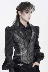 Black Lapel Collar Off Shoulder Halterneck Sleeveless Jacquard Lace Slim Color-Blocked Men's Gothic Palace Vest - Product - 9
