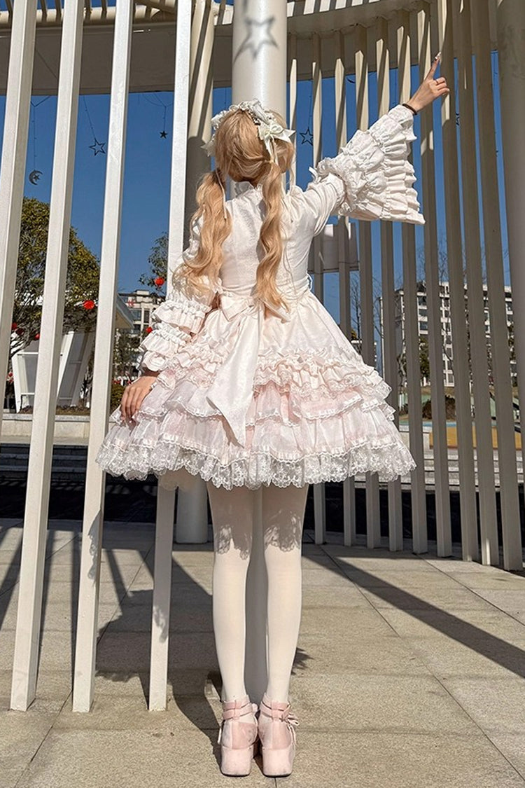 Pink [The Soloist Doll] Long Hime Sleeves Multi-Layered Print Ruffle Bowknot Asymmetric Sweet Lolita Dress - Product - 16