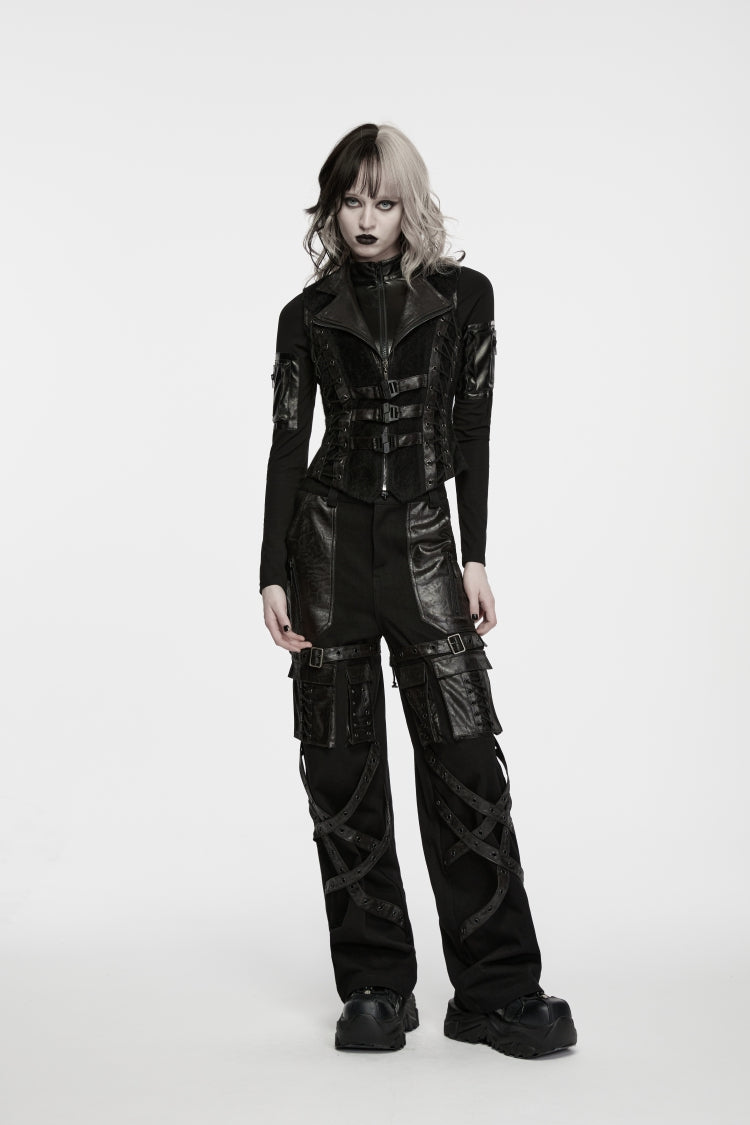 Black Lapel Collar Sleeveless Lace-Up Slim Fit Buckled Zippered Women's Punk Cool Vest - Product - 2