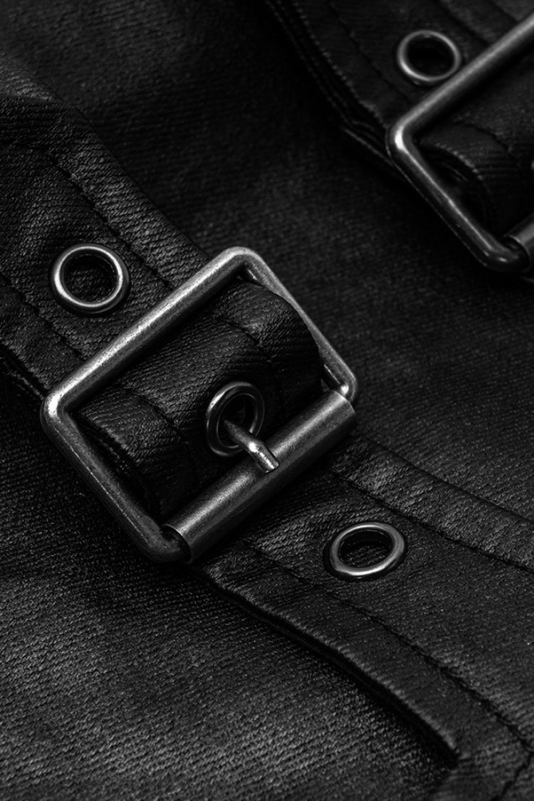 Black Faux Leather Metal Buckle Side Zipper Men's Steampunk Pants - Product - 5