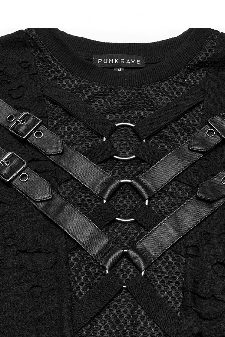 Black Short Sleeves Stitching Mesh Ripped Strap Men's Punk T-Shirt - Product - 5