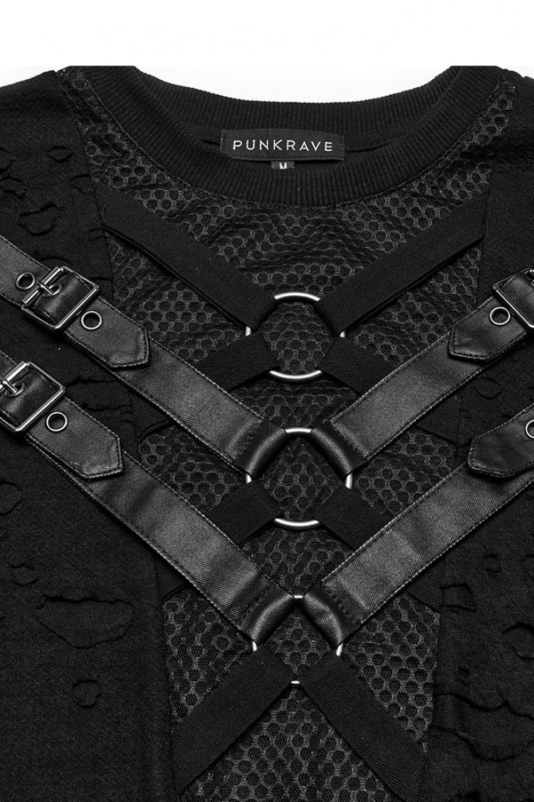 Black Short Sleeves Stitching Mesh Ripped Strap Men's Punk T-Shirt - Product - 5
