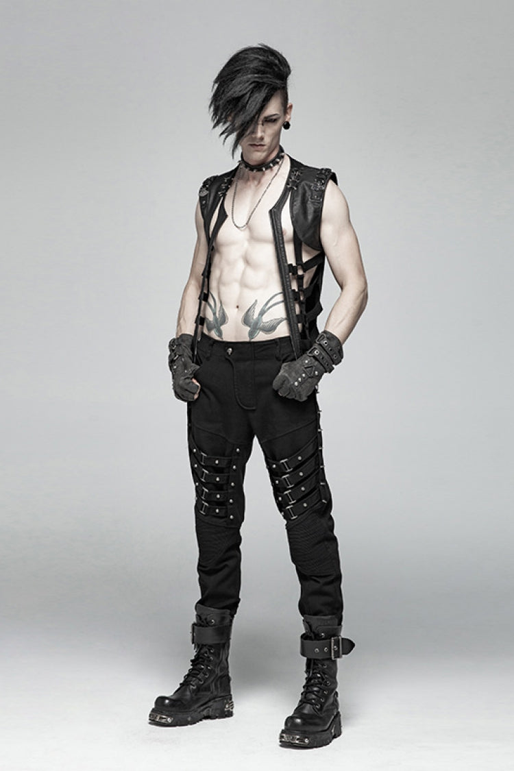 Black Sleeveless Metal Buckles Hollow Faux Leather Men's Steampunk Vest - Product - 4