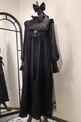 Black Long Sleeves Ruffle Bowknot Lace Gothic Lolita Home Wear Nightdress - Black - 1